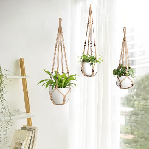Image of Mkono 3 Pack Macrame Plant Hangers Hanging Planters for Indoor Plants Brown