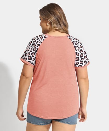 Image of CARCOS Plus Size Tops for Women Short Sleeve Raglan Striped Tee Color Block Crewneck /V Neck Tunic Loose Fit Summer XL-5XL