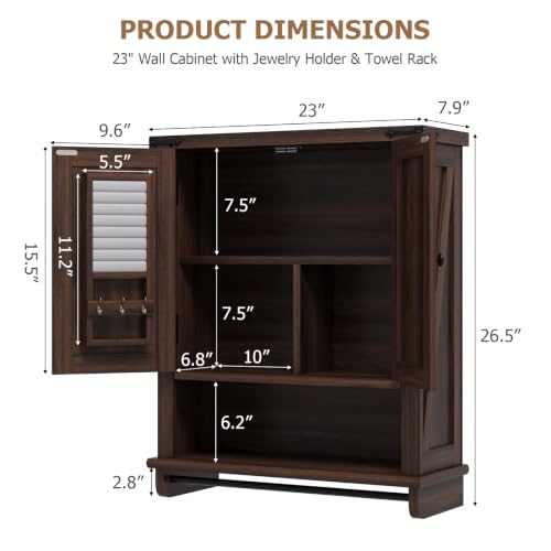 Image of QUW Farmhouse Bathroom Wall Cabinet, Modern Medicine Cabinets with Towel Bar & Jewelry Holder, Over The Toilet Storage Cabinet with Barn Door for Laundry, Living Room, Hallway, Dark Walnut