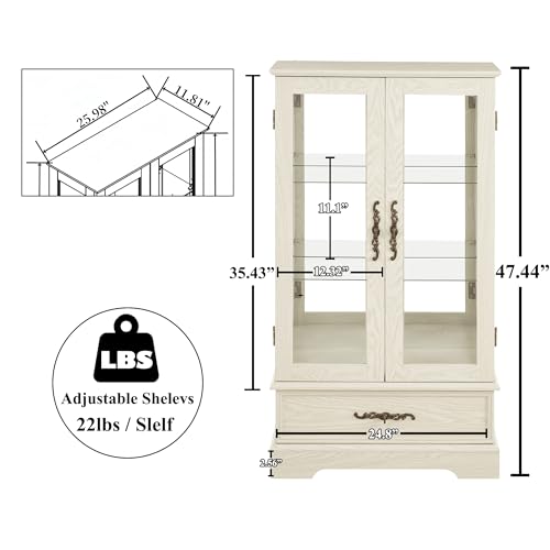 Image of 47 inch H Lighted Curio Cabinet Display Case, Glass Case with Adjustable Shelves,Tempered Glass Door and Drawer, Wooden Curio Cabinet with Mirrored Back Pane for Living Room (Antique White)