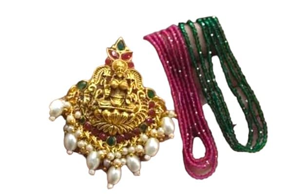 NANDANA COLLECTIONSGlittering short Temple Jewellery 3D White Lakshmi Stone Pendant GoodQuality Pink Green 3 Line HYDRO Crystal Chain Combo Offer Adjustable size festival wear