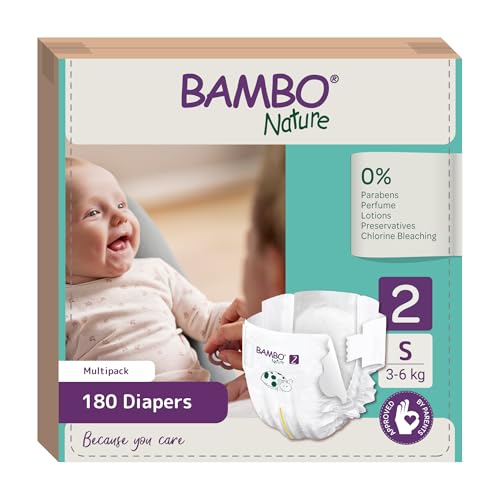 Bambo Nature Premium Baby Tape Diapers for Baby Small Size (3-6 Kgs) - Super Absorbent, Breathable, Extra Soft, Dermatologically Tested, Hypoallergenic Infant Nappies With Wetness Indicator, 180 Count (30 Count, Pack of 6)
