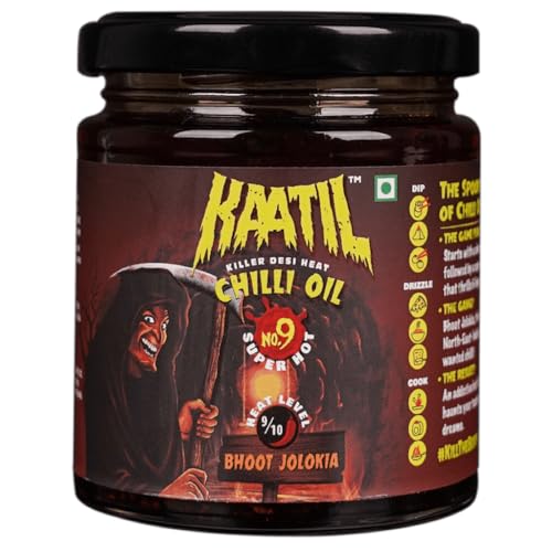 Image of Kaatil Hot Chilli Oil No.9 | Super Hot Bhoot Jholokia Chilli Garlic Crisp | Dip, Drizzle, Spread, Marinade, Coat, Saute, Stir-fry | Flavourful Heat | Made in India | Vegan | 170 GMs