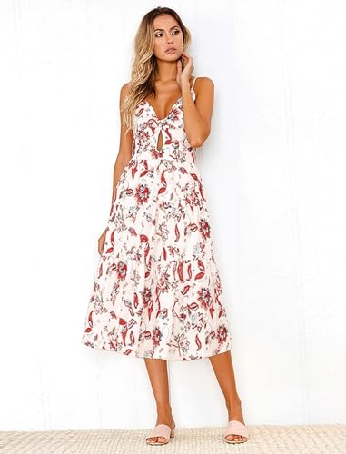 Image of Angashion Women's Dresses-Summer Floral Bohemian Spaghetti Strap Button Down Swing Midi Dress