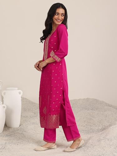 Image of Libas Woven Design Silk Blend Straight Kurta With Trouser and Dupatta