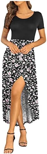 Dresses for Women 2023 Crewneck Short Sleeve Maxi Dress Vintage Flower Print Casual Ruffle A Line T Shirt Dress