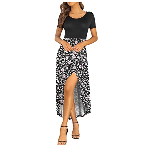 Dresses For Women 2023 Crewneck Short Sleeve Maxi Dress Vintage Flower Print Casual Ruffle A Line T Shirt Dress #TOP2