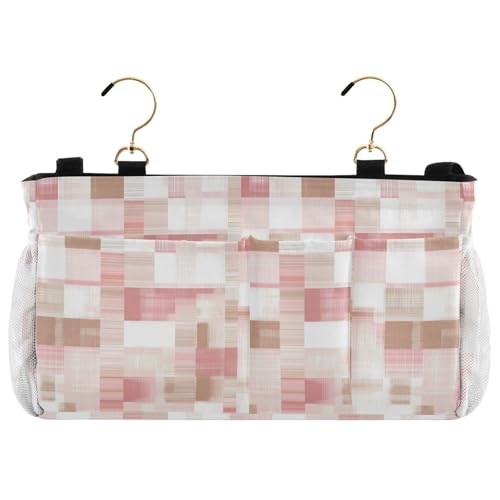 KLL Mesita de noche con bolsillos para cama, para literas y camas de hospital, dormitorios, barandillas de cama, patas de gallo en espiga, a cuadros, color blanco y rosa