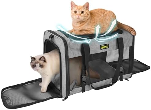 Cat Carrier for 2 Cats/Kitten, Pet Carrier for Cat, Puppy, Small Dog & Bunny, Foldable Soft-Sided Travel Pet Bag, Sturdy Frame Support, up to 25 lbs, Car Seat Belt Compatible, 20x13x13 in, Gray