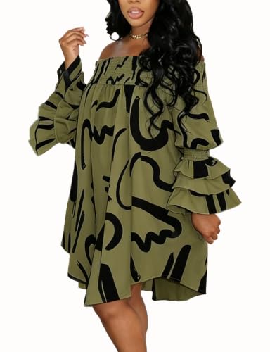 Image of WOKANSE Party Dresses for Women Off Shoulder Layered Flare Sleeve A line Ruched Plus Size Midi Summer Dress