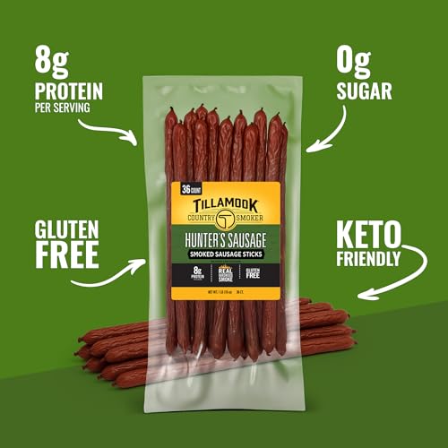 Tillamook Country Smoker Smoked Sausage, Hunter's Sausage, 16 Ounce (36 Count Meat Sticks Bulk Pack) Real Hardwood Smoked, Low Carb, High Protein Ready to Eat Keto Snack