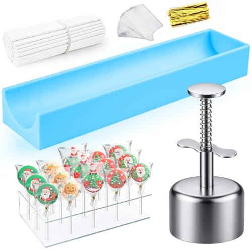 All-in-One Cake Pop Mold Set with 9 Inch Silicone Tray, Coinicxcel Stainless Steel Round Cake Pop Cutter and Pusher, Acrylic Stand, Sticks, Wrappers, Twist Ties, Baking Molds Kit for Christmas Gifts