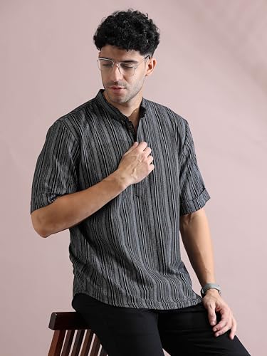 Image of Filori Lurex Checks Design Short Kurta | Pure Cotton | Half Sleeves | Mandarin Collar