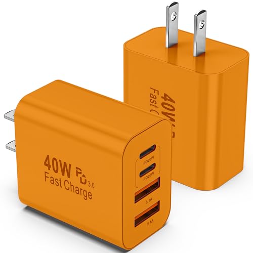 USB C Ladegerät, 40W Multiport Schnellladeblock with 4 Ports - 2 x USB-C and 2 x USB-A, Mehrfach-Wandladeadapter für iPhone 16/15/14/13/12/11 Pro Max XS XR 8, iPad, Samsung, 2er-Pack (Orange)