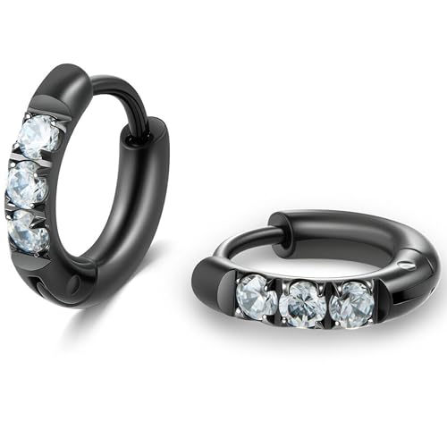 Image of Hypoallergenic Unisex Surgical Steel Small Cubic Zirconia Huggie Hoop Earring, Color Gold - Silver - Rose Gold - Black - Rainbow, Size 6mm- 12mm Safe for Sensitive Ear