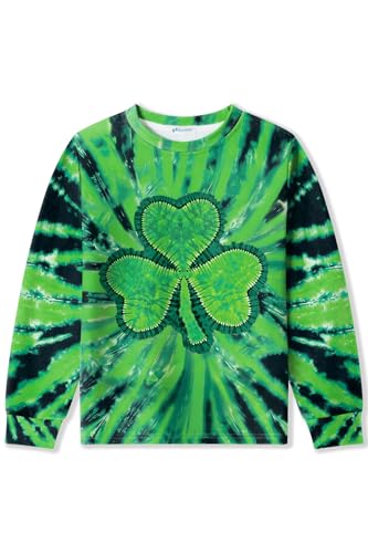 Image of Unisex Kids St. Patrick's Tie Dye Irish Clover Long Sleeve Shirt Shamrock Green Sweatshirt 6-14 Years