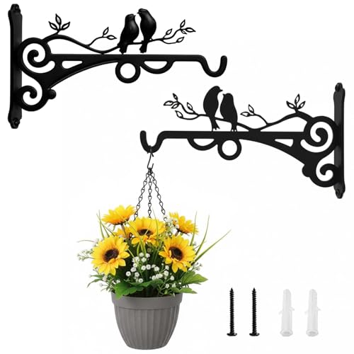 Tniytru 2-Piece Set Hanging Basket Bracket Heavy Duty Outdoor Hanging Baskets with Screws Wall Mounted Plant Hooks for Gardens and Fences 20.3x11.7 cm Black Steel Hangers