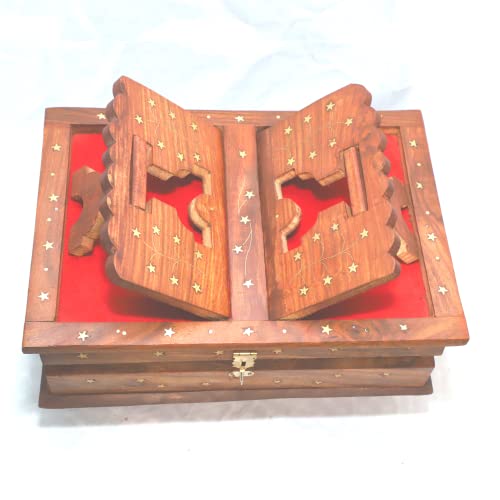 Handmade Wooden Holy Book Stand for Reading - Geeta Stand Fordable Rehal Holy Books Book Box | Quran Sharif Granth Pooja Bhagwat Ramayan Holder Rihal Bible Gita Ramayanam with Small Box