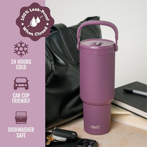 Image of Ello Oasis Go+ 32oz Tumbler with Top Handle and Retracting Straw | Reusable Insulated Stainless Steel Cup, 100% Leakproof Water Bottle, 24 Hours Cold, Cup Holder Friendly For Travel | Wild Rasberry