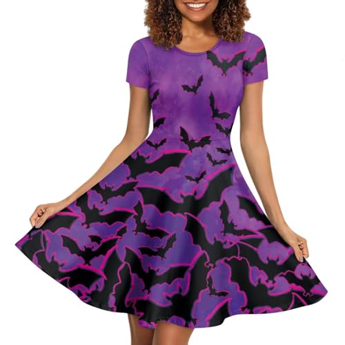 Image of Forchrinse Womens Halloween Bats Dress Causal Elegant Party Midi Dresses Plus Size Short Sleeve A Line Flared Swing Dress Skater Summer Sundress,S-4XL