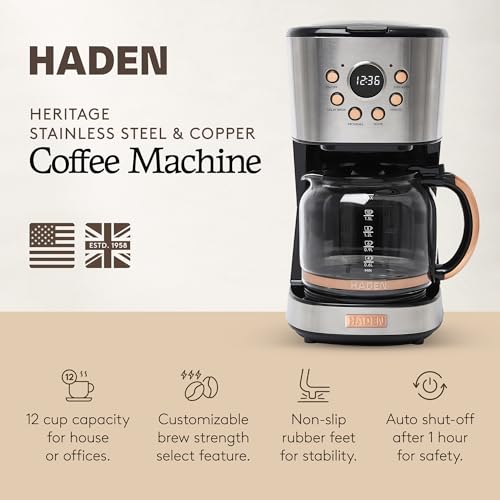 Haden Coffee Machine, 12 Cup Programmable Drip Coffee Maker with Auto Shut-Off Function and Reusable Washable Water Filter, Steel & Copper