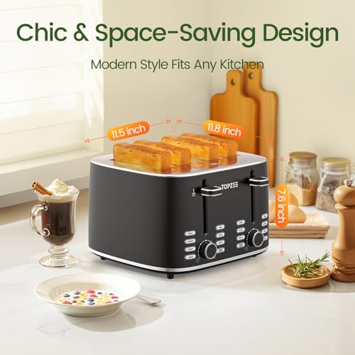 Image of Topzee Toaster 4 Slice, Wide Slot for Toasting Bagel Muffin Waffle Gluten Free Breads, 7 Shade Settings, Defrost & Reheat,Dual Control Panel, Stainless Steel, Easy Clean, Black