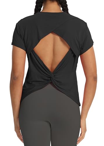 Bestisun Backless Workout Athletic Shirts Short Sleeve Split Back Yoga Exercise Tops for Women3