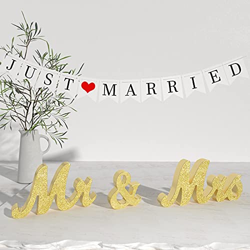 VIOPVERY Mr and Mrs Sign & Just Married Banner,Mr & Mrs Signs for Wedding Table,Large Wooden Letters for Sweetheart Table,Photo Props Wedding decorations for Anniversary,Gold