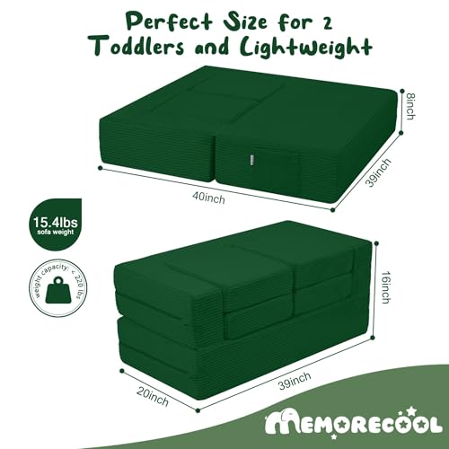 MeMoreCool Modular Kids Couch, Corduroy Play Toddler Couch for Bedroom Playroom Furniture, Convertible Foam Kids Sofa Bed, Fold Out Baby Sofa for Girl Boy, Green