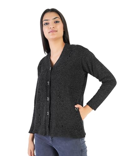 Image of MANRA Women's Woolen V-Neck Buttoned Full Sleeve Cardigan Self Design Soft Wool Fabric Winter Wear Pure Wool Sweater Fully Warm with Front Pockets Stylish Cardigan