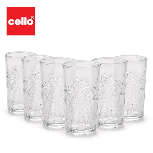 Image of CELLO Swirl Hi-Ball Tumbler Glass Set of 6, 275ml Each | Dishwasher Safe | Comfortable Grip & Stackable | Perfect Glasses for Water, Juice, Cocktail, Mocktails & Cold Drinks | for Daily Use & Gifting