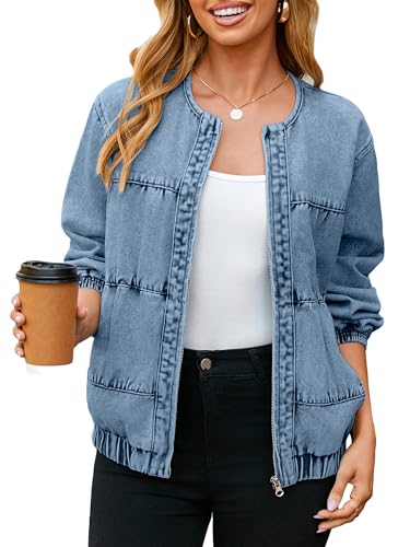 Glamaker Womens Denim Bomber Jacket Trendy Casual Zip Up Crew Neck Long Sleeve Loose Fit Jean Jacket Fall Outfits