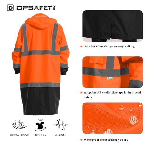Image of Hi Vis Rain Jacket with 3M Reflective Stripe,High Visibility Class 3 Rain coats,Safety Waterproof Rain Suits for Men with Hood and 2 Large Pockets construction work rain gear(Orange 2XL)