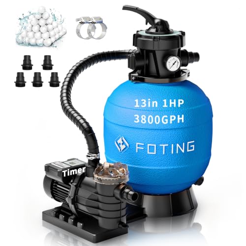 FOTING 13in Sand Filter Pump for Above Ground Pool with Timer Pool Pumps Above Ground with 7-Way Valve Pool Sand Filter High-Efficiency Filtration & Circulation System for Crystal Clear Water Blue