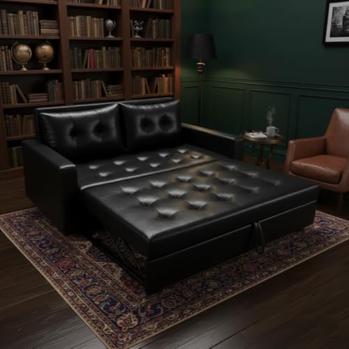 Image of FURNY Tressa 2 Seater Leatherette Pull-Out Sofa Cum Bed (Black) Premium Finish | Comfortable & Durable | Ideal for Living Room
