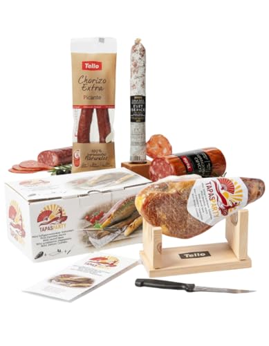 Coffret Tapas Party Deluxe Espagnol | Mini Jambon Serrano (1kg) avec Support et Couteau + Chorizo, Lomo & Fuet | Kit Apéro & Cadeau Gourmand Charcuterie