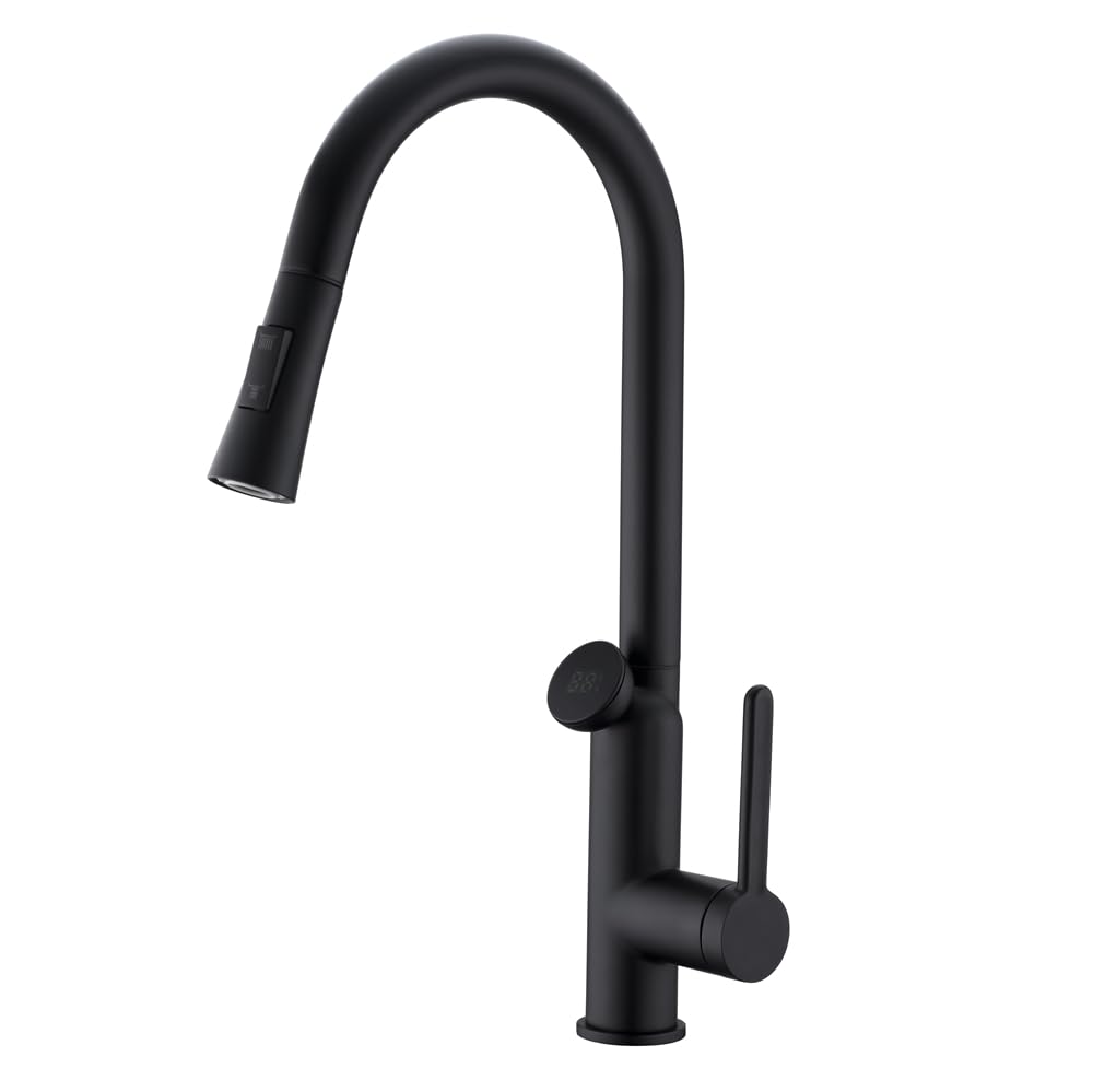 ZQFHSX Kitchen Brass Single Handle High Arc Pull Out Faucet with Temperature Digital Display,Kitchen Sink Faucets Mixer Tap Down Sprayer,Matte Black