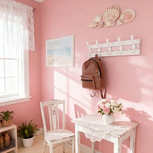 Image of SKOLOO Coastal Wall Mounted Coat Rack - 16-7 /8 inch Beach House Entryway Wooden Coat Hook with 5 Hooks for Hanging Coats, Hats or Towels, Oceanfront Cottage Core Collection, White & Palm Beach Pink