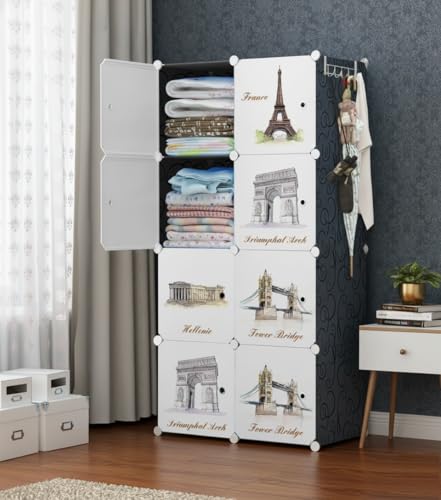 Image of KRISHYAM Kids Modular Storage Cabinet with Travel Landmark Design Doors, 8 Cube Plastic Wardrobe Organizer, DIY Closet System with Hanging Rod, Toy & Clothes Storage (Tower Print, 8 Box)