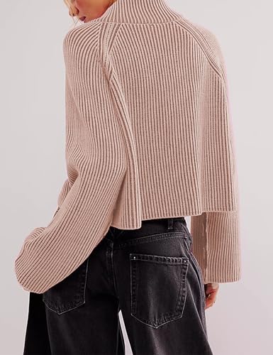 Image of Half Zip Pullover Sweaters for Women Long Sleeve Mock Turtleneck Ribbed Knit Tops Fall Winter Loose Slouchy Jumpers (Pink-L)