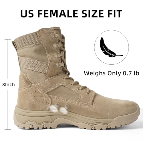 Image of Women's Tactical Boots, Motorcycle Combat Boots for Women | 8-inch work boots, side zipper; lightweight, breathable, water-resistant. For police, security, EMT, motorcycle