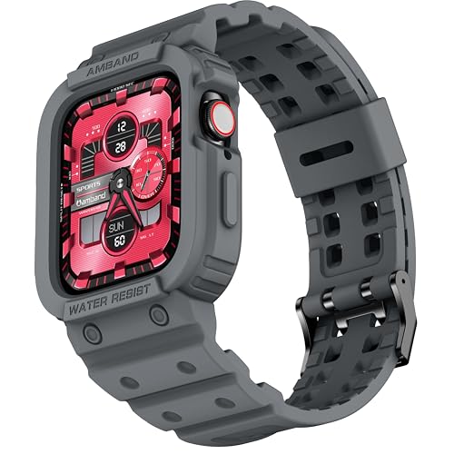 amBand Compatible for Apple Watch Band 45mm 44mm 42mm with Bumper Case, Rugged Men Bands for iWatch SE SE 2 SE 3 Series 9 8 7 6 5 4 3 2 1, Sport Military Protector Drop-proof Shockproof Space Gray