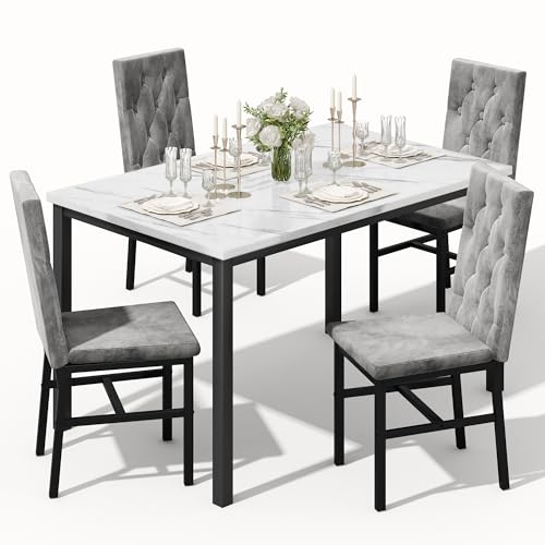 Hooseng Dining Table Set for 4, Faux Marble Small Kitchen Table C...