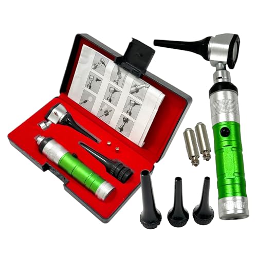 Examination Diagnostics Veterinary Otoscope with Illumination LEDs & Specula Tips for Long Animal Ears | Veterinary Student Otoscope Set (Green Handle)