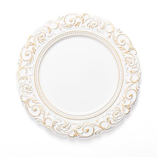 Genmous & Co. Genmous 13 Inch White Charger Plates Set Of 8, Vintage Embossed Plastic Table Chargers For Wedding Party Christmas Thanksgiving, Elegant Gold Dinner Plate Chargers Bulk For Rustic Farmhouse Kitchen Decor thumb #7