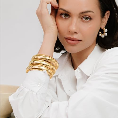 Gold Bangles for Women Set of 3 Chunky Stretch Bangles Bracelets 24K Gold Plated Stainless Steel Bracelets Flexible Wide Stack Bracelets Designer Look Alike Jewelry for Women2
