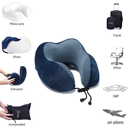 Image of TALLGO Travel Pillow, Best Memory Foam Neck Pillow Head Support Soft Pillow for Sleeping Rest, Airplane Car & Home Use (Dark Blue)