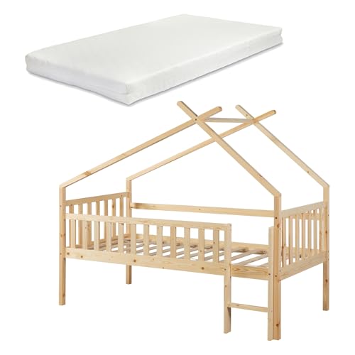 En.Casa Cama Alta Cabaña Para Niños Niñas Cama Montessori Cama Infantil Con Barandilla Escalera Y Somier Forma De Casa Máx. 100 Kg Madera De En.Casa Cama Alta Cabaña Para Niños Niñas Cama Montessori Cama Infantil Con Barandilla Escalera Y Somier Forma De Casa Máx. 100 Kg Madera De