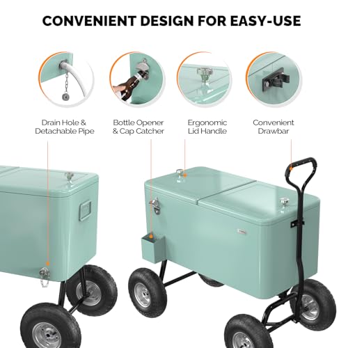 Image of VINGLI 80 Quart Wagon Rolling Cooler Ice Chest, w /Long Handle and 10 inch Wheels, Portable Beach Patio Party Bar Cold Drink Beverage, Outdoor Park Cart on Wheels