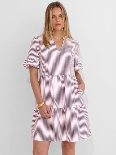 Image of Caracilia Dresses for Women Summer 2026 Striped V Neck Ruffle Sleeve A Line Tiered Flowy Casual Mini Beach Dress with Pockets